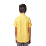 Rear view of the boy wearing the yellow polo shirt, showing the plain back design.