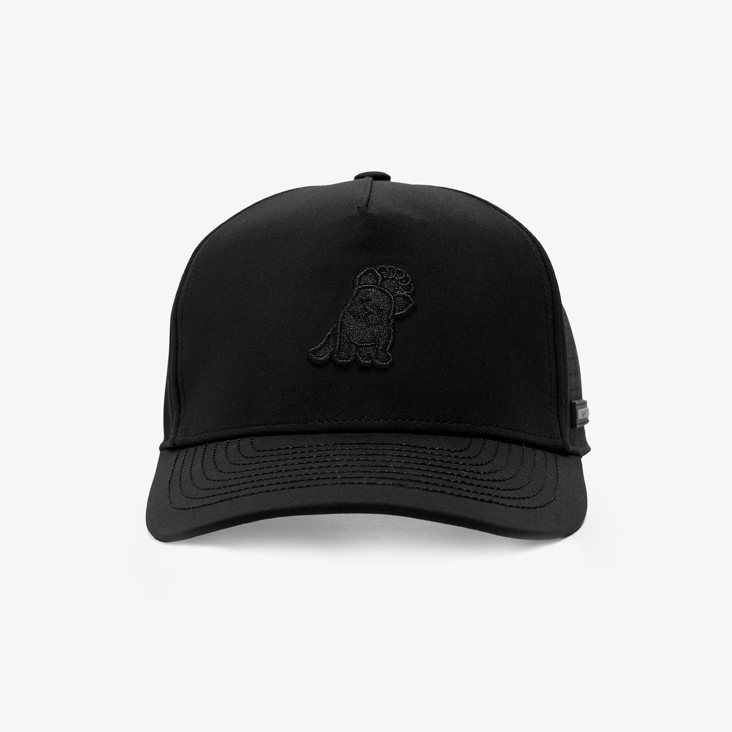 A black structured baseball cap with a tonal black embroidered dog logo on the front