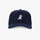 A navy blue baseball cap featuring a small embroidered cartoon dog wearing a star-spangled hat on the front
