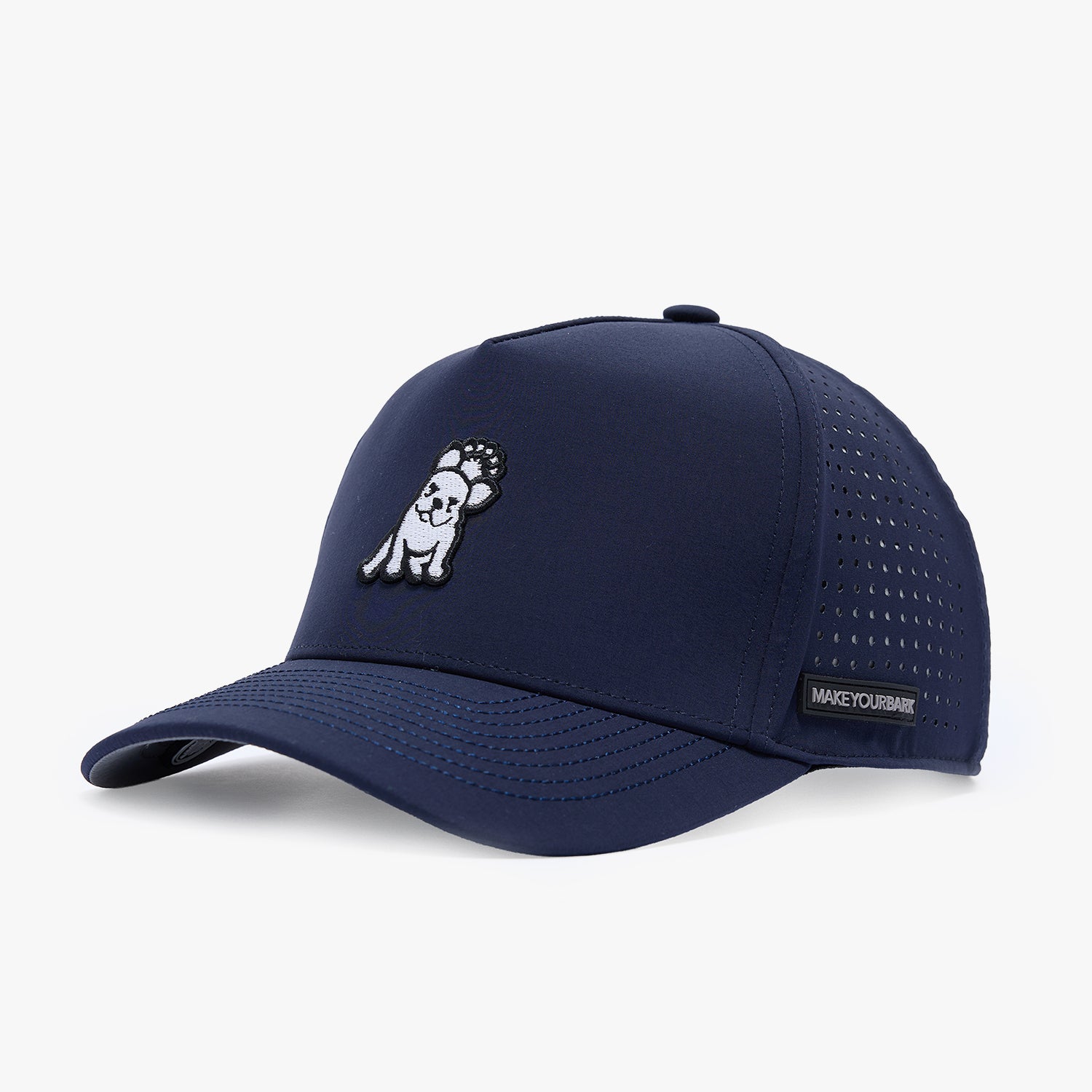 Navy blue baseball cap with a brown patch on a light gray background