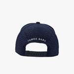 Back view of a navy blue baseball cap with a perforated back panel and 'JAMES BARK' embroidered in white on the back