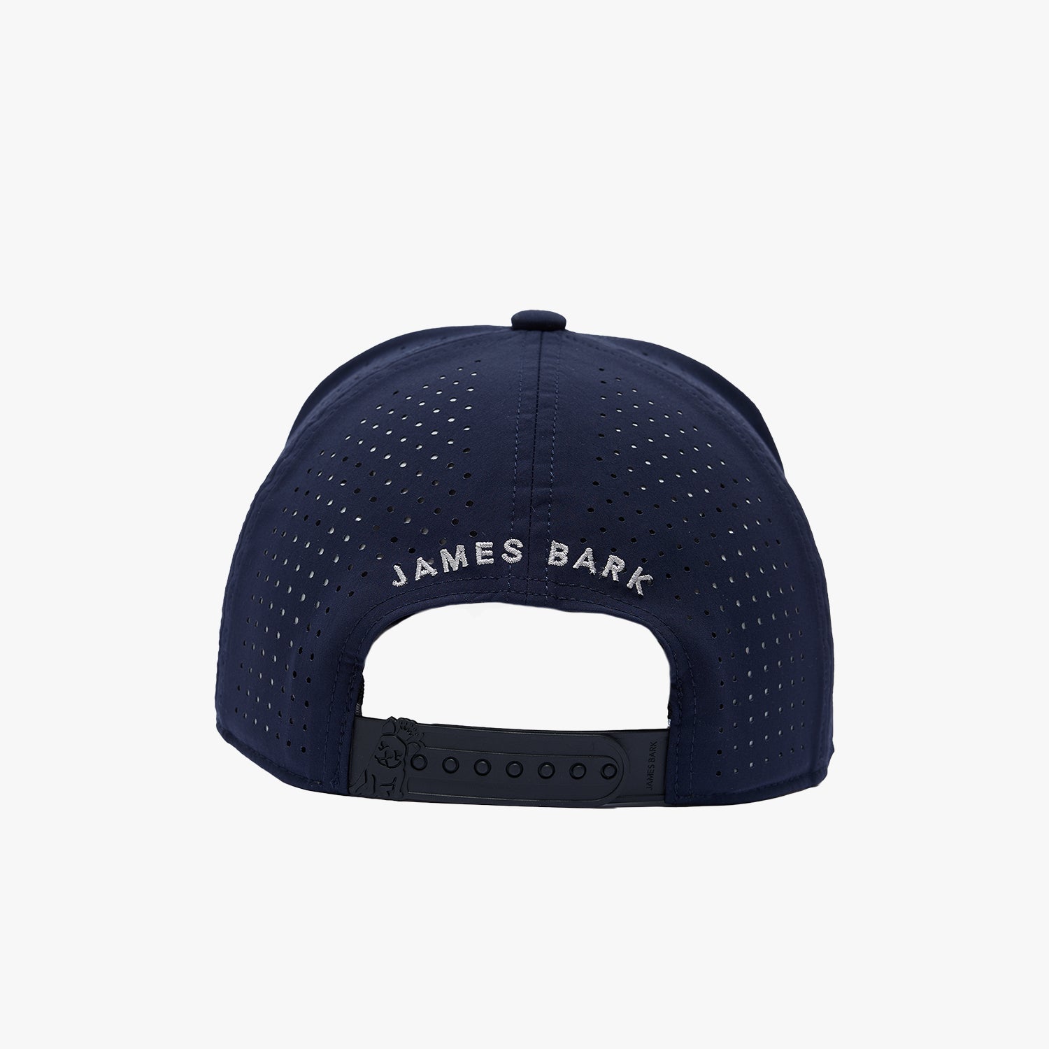Back view of a navy blue baseball cap with a perforated back panel and 'JAMES BARK' embroidered in white on the back