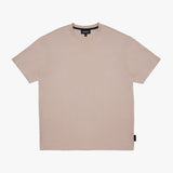 A light beige crewneck t-shirt with a subtle tonal logo on the chest, displayed flat