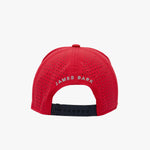 Red perforated baseball cap shown from the back, featuring 'JAMES BARK' embroidered in white on the back panels and a black adjustable snap closure.