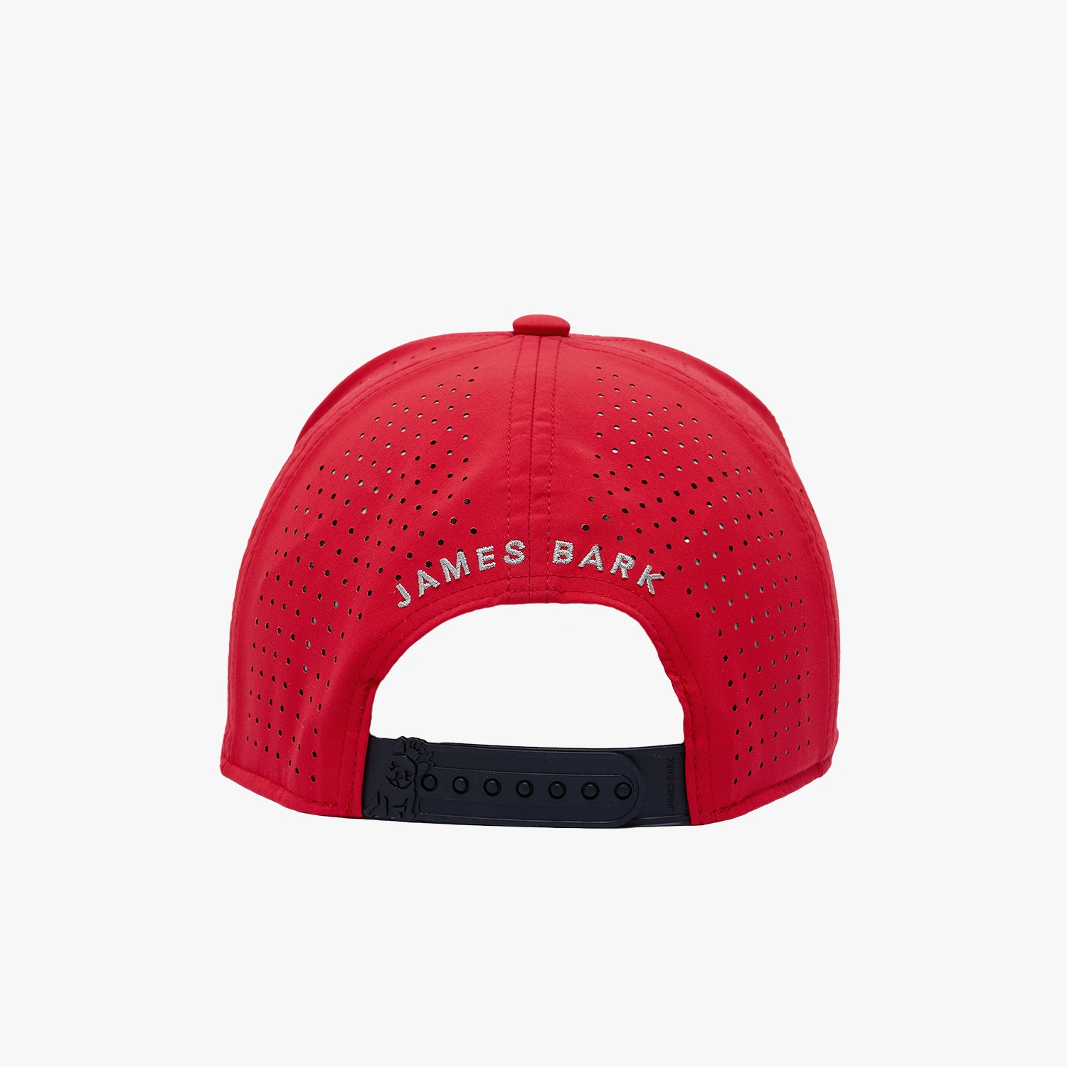 Red perforated baseball cap shown from the back, featuring 'JAMES BARK' embroidered in white on the back panels and a black adjustable snap closure.