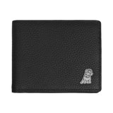 A close-up view of the front side of a black leather wallet with a pebbled texture. The design features a silver embossed dog logo at the bottom corner, adding a touch of elegance to the minimalist style.