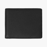 The back side of the black wallet is displayed, showcasing a clean and simple design with the same textured leather finish, free from additional embellishments.