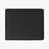 The back side of the black wallet is displayed, showcasing a clean and simple design with the same textured leather finish, free from additional embellishments.