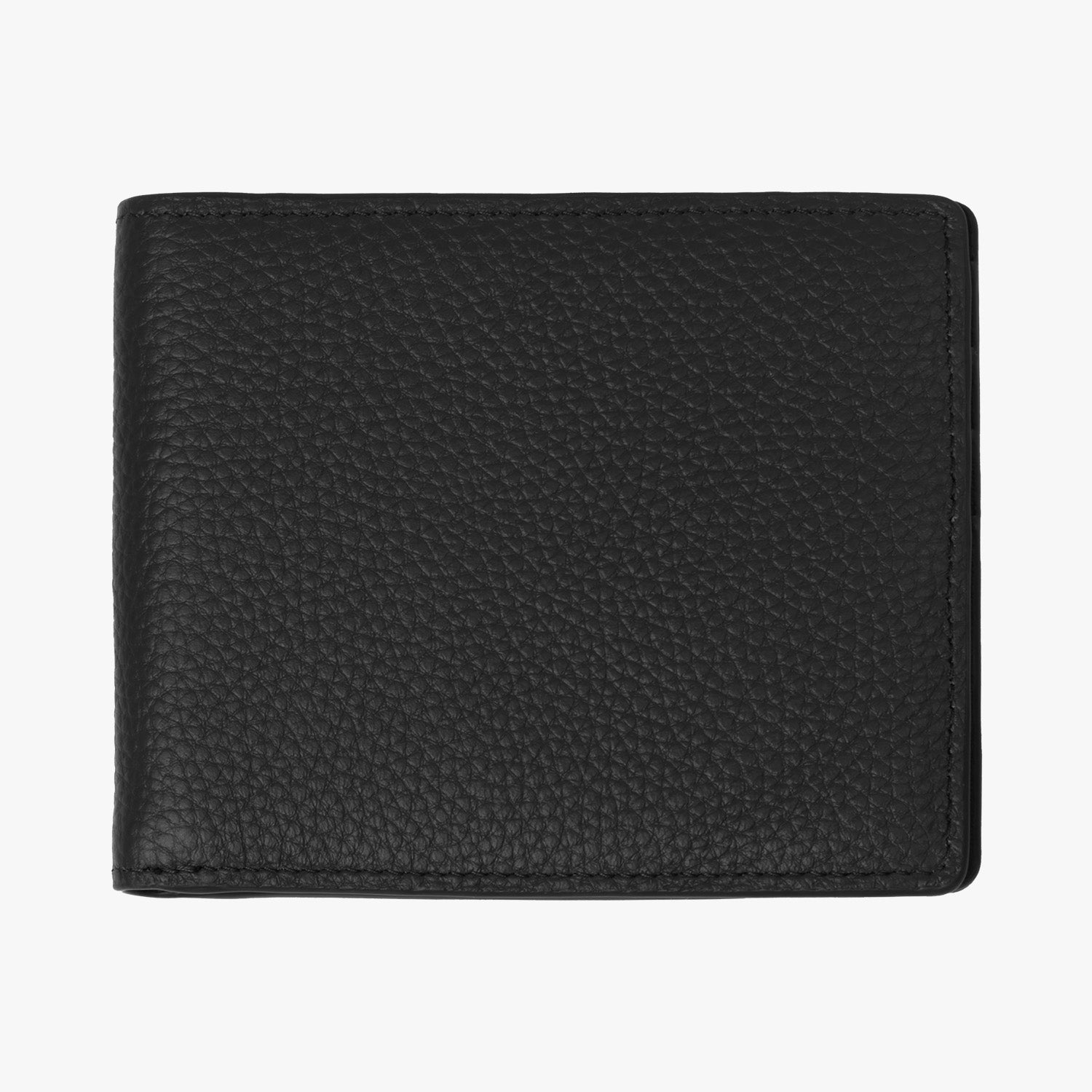 The back side of the black wallet is displayed, showcasing a clean and simple design with the same textured leather finish, free from additional embellishments.