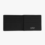 The interior of the black wallet is shown, revealing multiple card slots on one side and a spacious compartment for cash or receipts. The interior design emphasizes functionality while maintaining a sleek appearance.