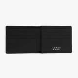 The interior of the black wallet is shown, revealing multiple card slots on one side and a spacious compartment for cash or receipts. The interior design emphasizes functionality while maintaining a sleek appearance.