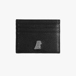 A front view of a black leather cardholder with a pebbled texture. The design features a small silver embossed dog logo at the bottom, along with multiple card slots for added utility.