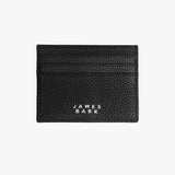 The back side of the black leather cardholder, showcasing a clean design with the "James Bark" logo printed in white at the center, along with additional card slots for storage.