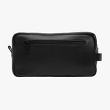 A front view of a sleek black leather toiletry bag featuring a zippered pocket on the exterior for easy access to essentials.