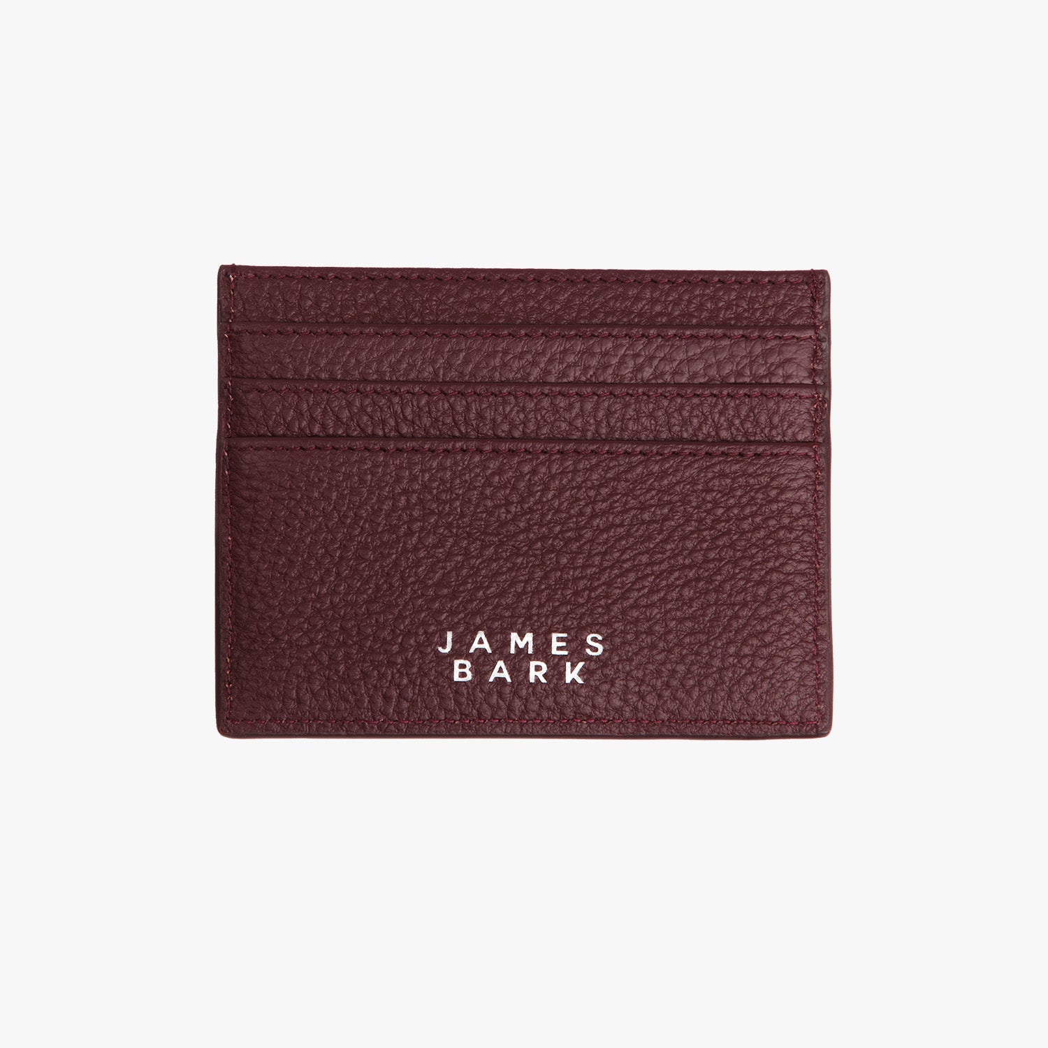 The back side of the deep red leather cardholder, showcasing a clean design with the "James Bark" logo printed in white at the center, along with additional card slots for storage.