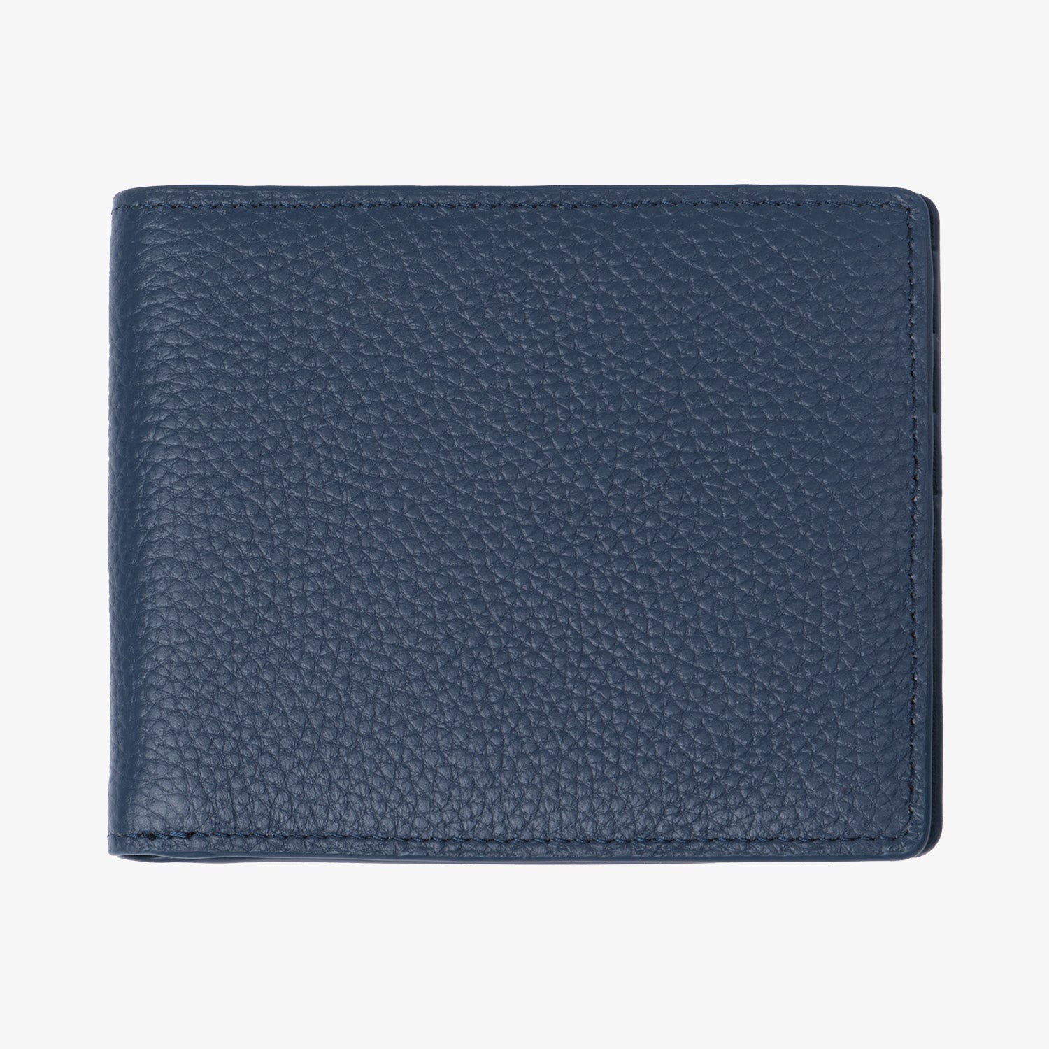 The back side of the navy blue wallet is displayed, showcasing a clean and simple design with the same textured leather finish, free from additional embellishments.