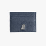 A front view of a navy leather cardholder with a pebbled texture. The design features a small silver embossed dog logo at the bottom, along with multiple card slots for added utility.