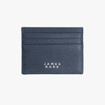  The back side of the navy leather cardholder, showcasing a clean design with the "James Bark" logo printed in white at the center, along with additional card slots for storage.