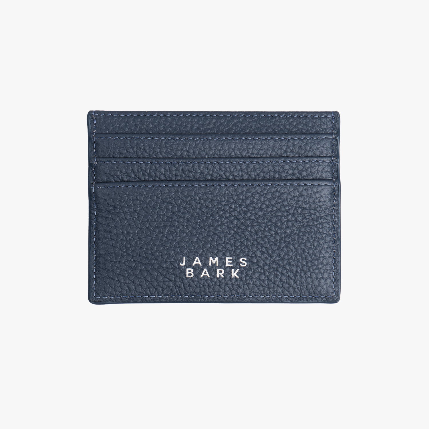  The back side of the navy leather cardholder, showcasing a clean design with the "James Bark" logo printed in white at the center, along with additional card slots for storage.