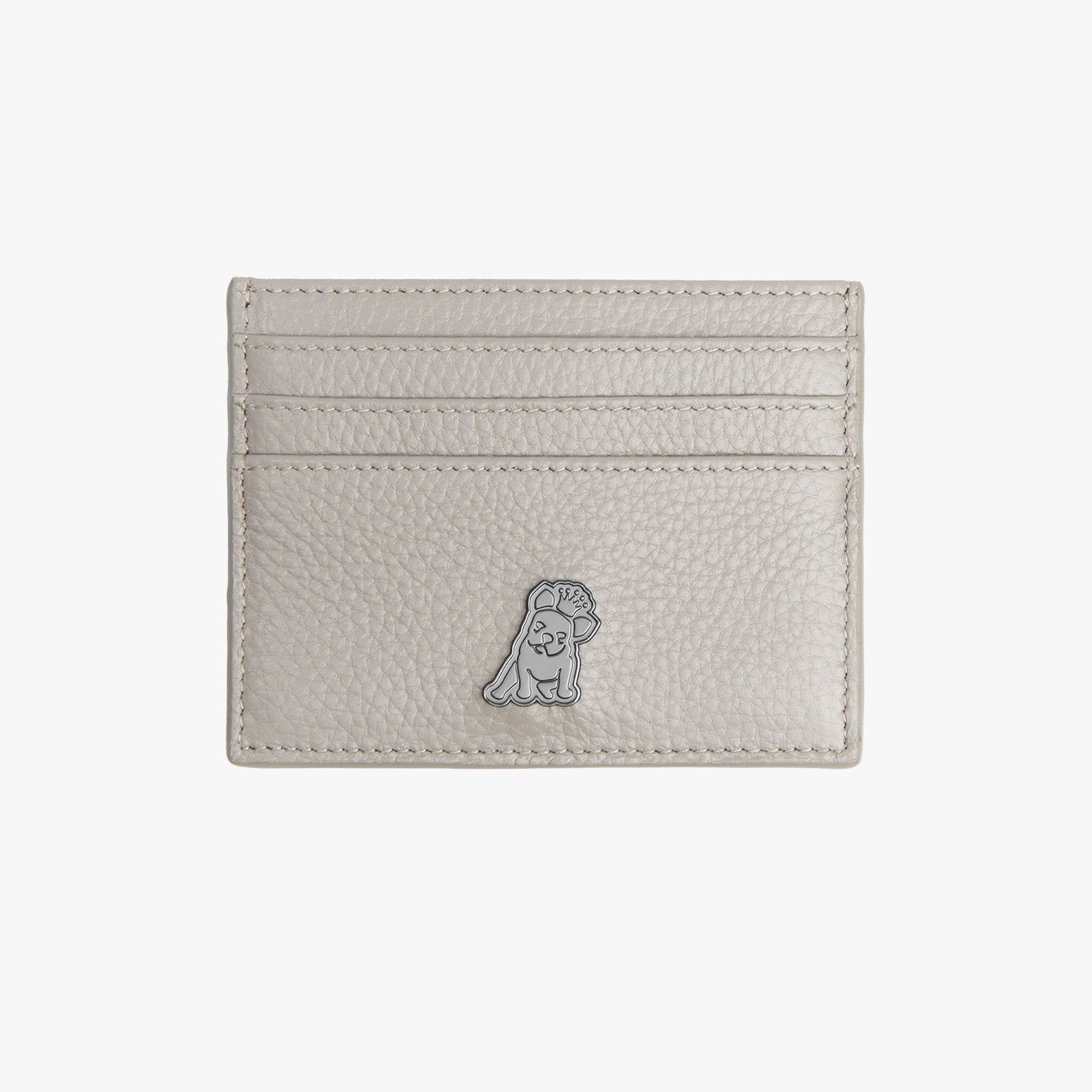 A front view of a gray leather cardholder with a pebbled texture. The design features a small silver embossed dog logo at the bottom, along with multiple card slots for added utility.