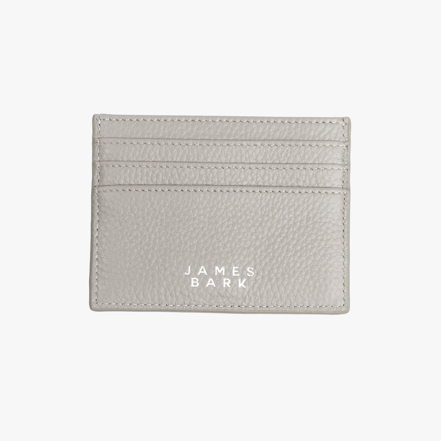 The back side of the gray leather cardholder, showcasing a clean design with the "James Bark" logo printed in white at the center, along with additional card slots for storage.