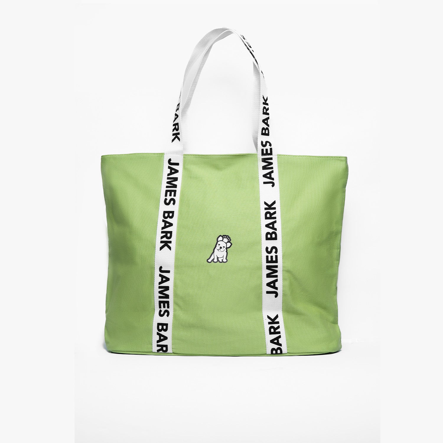 Green tote bag with a white dog logo embroidered on the front. The bag has white handles with 'James Bark' printed in black along the straps.