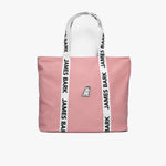 Pink tote bag featuring a white dog logo embroidered on the front. The bag has white handles with 'James Bark' printed in black along the straps.