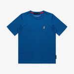 Flat-lay front view of the blue t-shirt showing the small white embroidered logo on the chest.