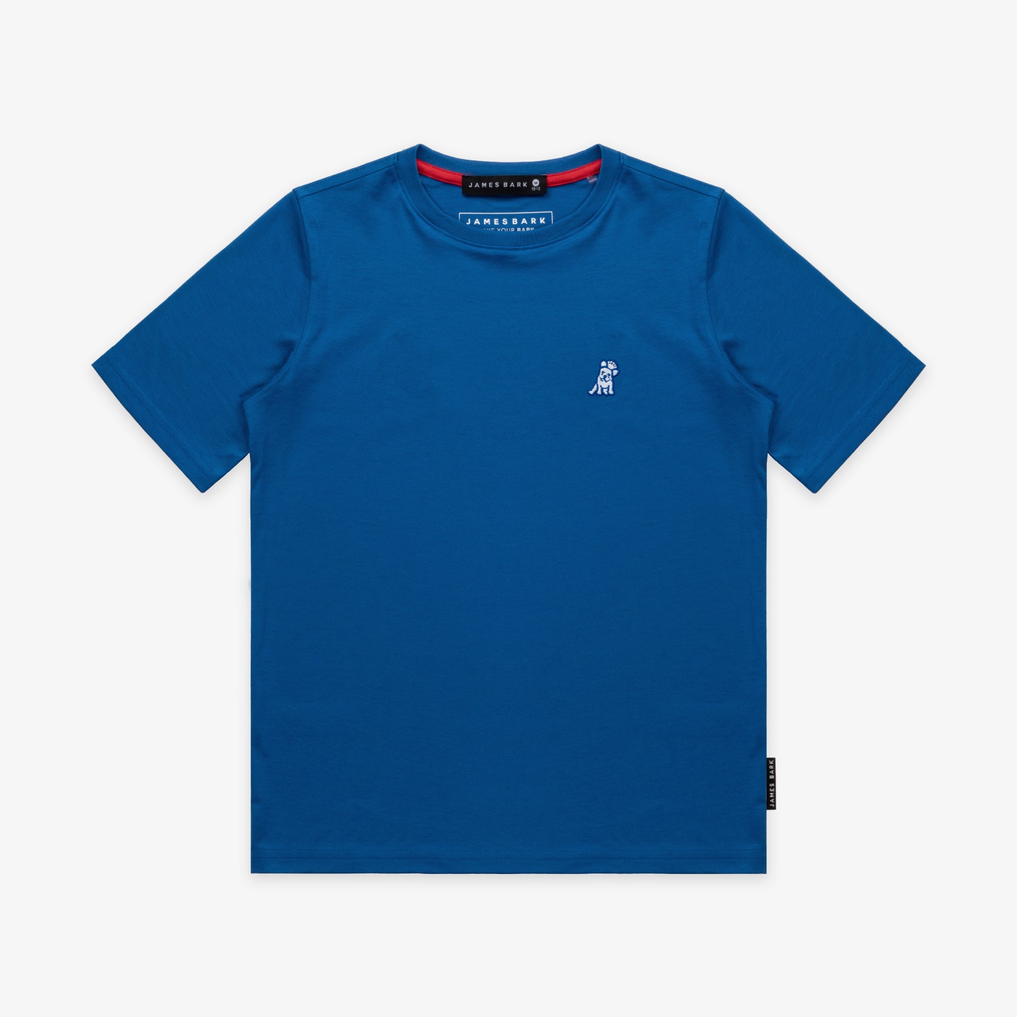 Flat-lay front view of the blue t-shirt showing the small white embroidered logo on the chest.