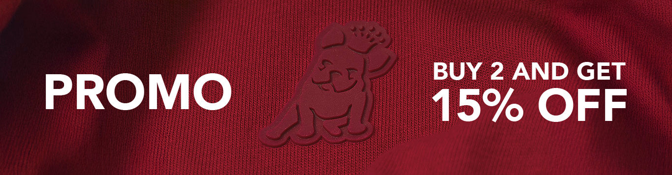 Promotional banner with a dog logo and text on a red background