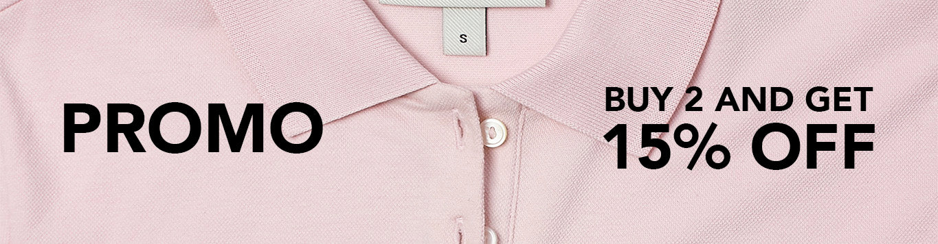 Pink polo shirt with promotional text overlay on a light pink background