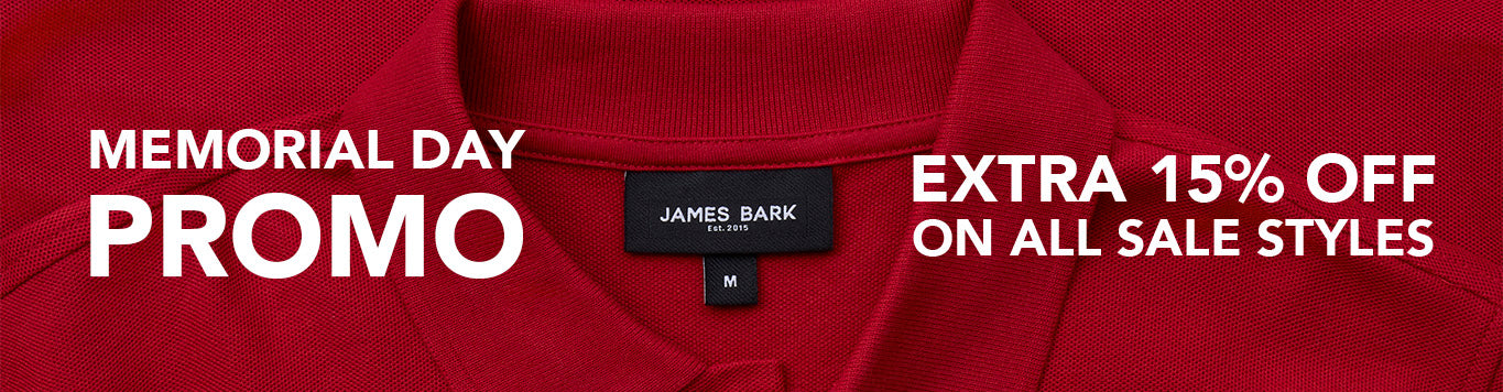 Red shirt with 'James Bark' label and Memorial Day promo text overlay