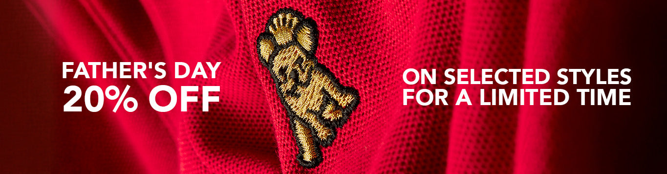 Promotional banner for Father's Day sale with a red background and text.