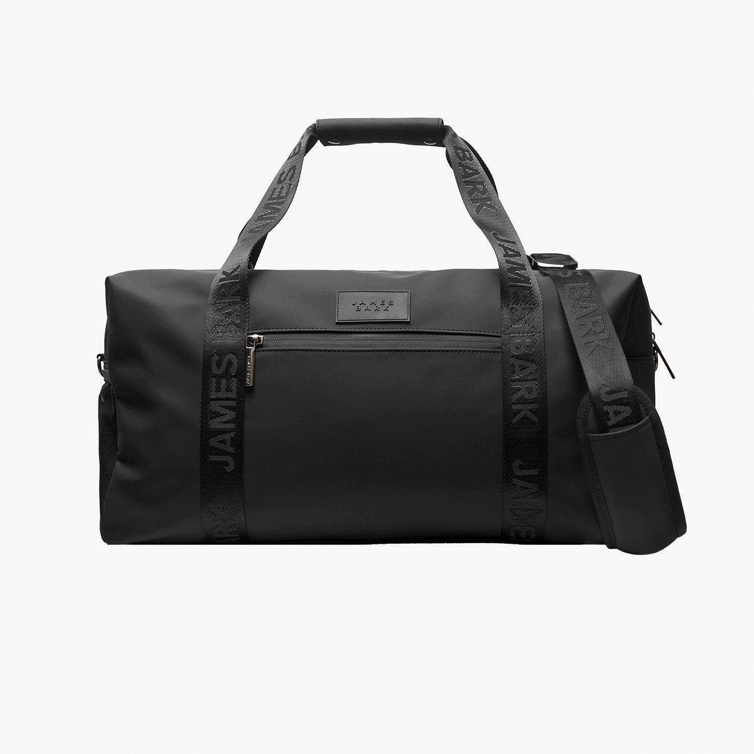 Black duffle bag with a sleek, minimalist design. Features a front zippered pocket, two sturdy handles with "JAMES BARK" branding, and a detachable shoulder strap. Made of a smooth, durable material with a modern aesthetic.