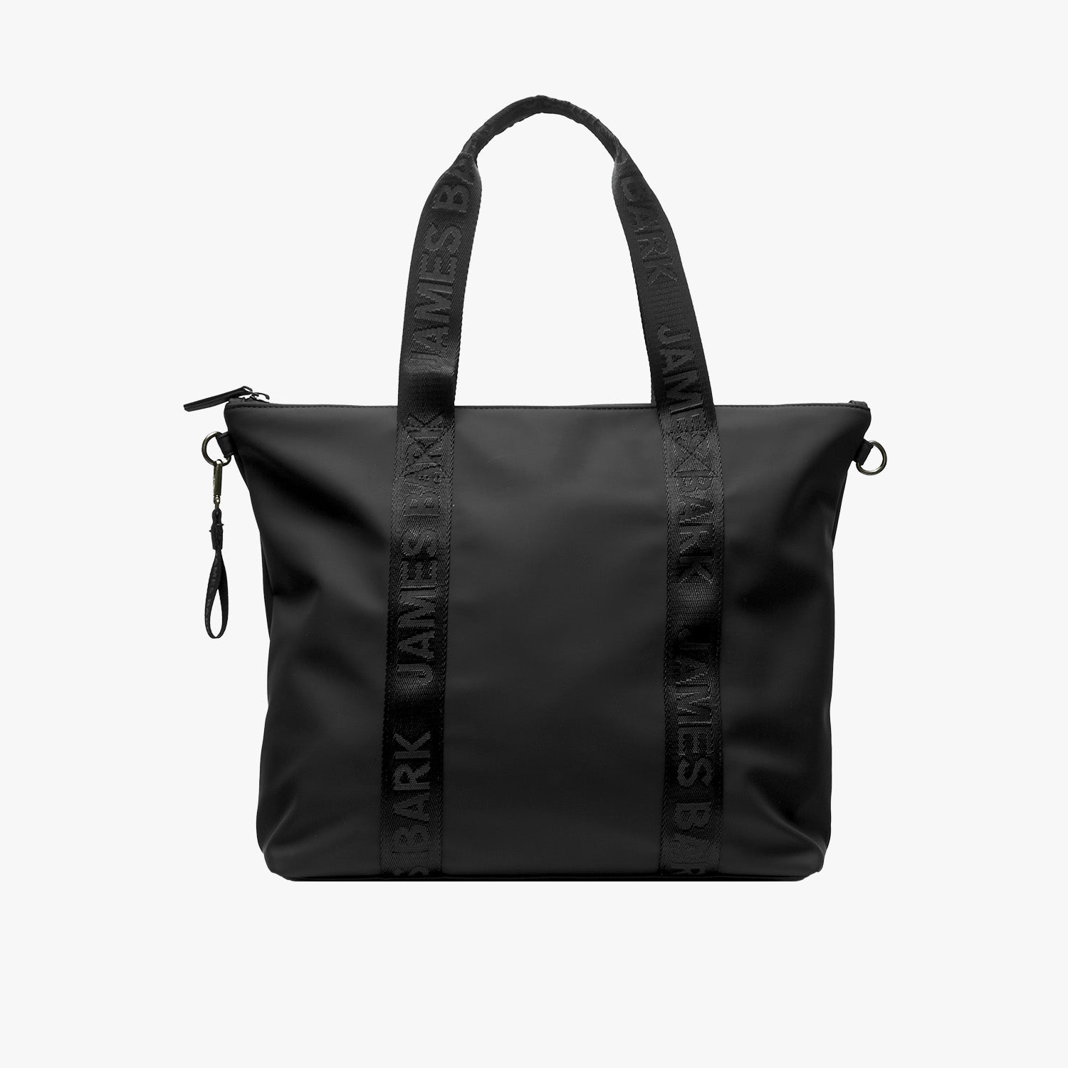 A black tote bag with a modern, minimalist design is displayed against a plain white background. The bag has a smooth, matte finish and features two sturdy handles with embossed branding that reads "JAMES BARK." A zipper closure is at the top, and a detachable wrist strap is attached to the side. The bag has a rectangular shape with reinforced stitching, giving it a structured appearance. A small metal ring on one side suggests the option for an additional shoulder strap.