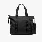 Black tote bag with a modern, minimalist design. Features two sturdy handles and a detachable shoulder strap, both with "JAMES BARK" branding. Made of a smooth, durable material with a zippered closure for security and convenience.