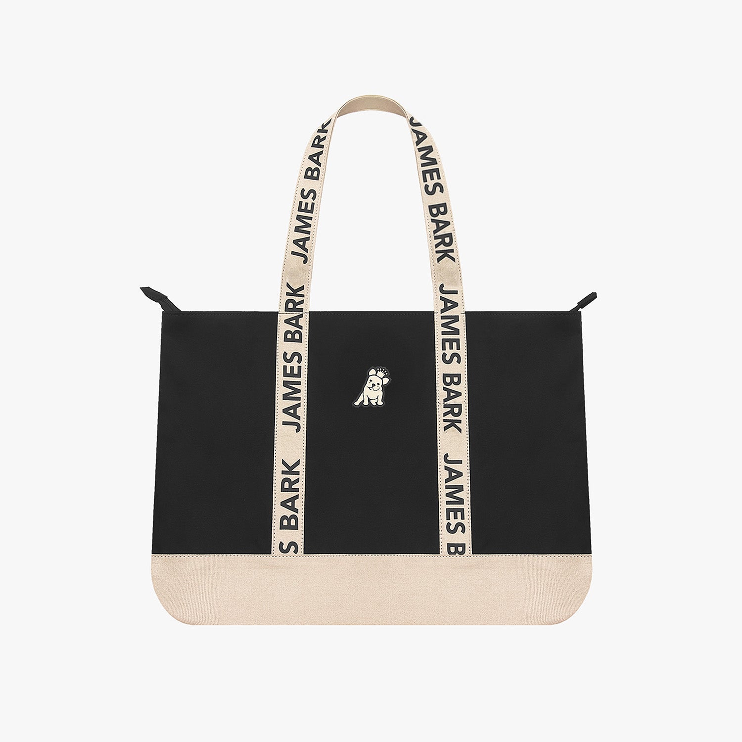 Black tote bag with beige accents and 'James Bark' branding on a white background