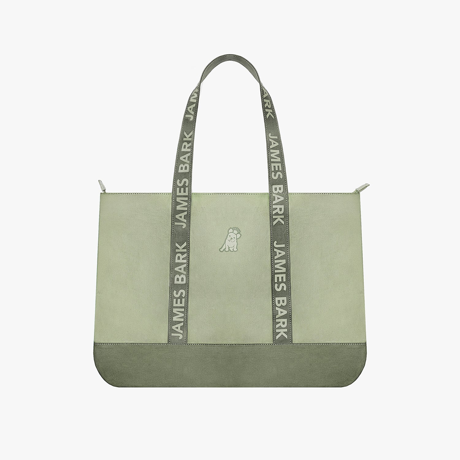 Green tote bag with 'James Bark' branding on a white background