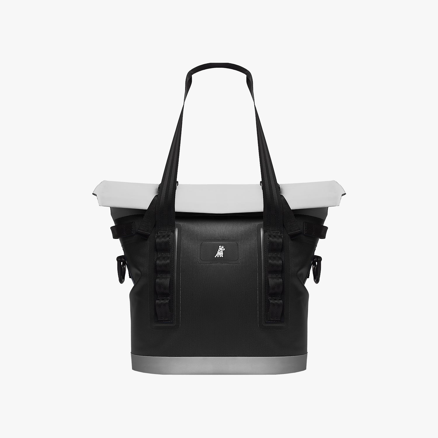 Black and white cooler bag with a visible brand logo on a white background