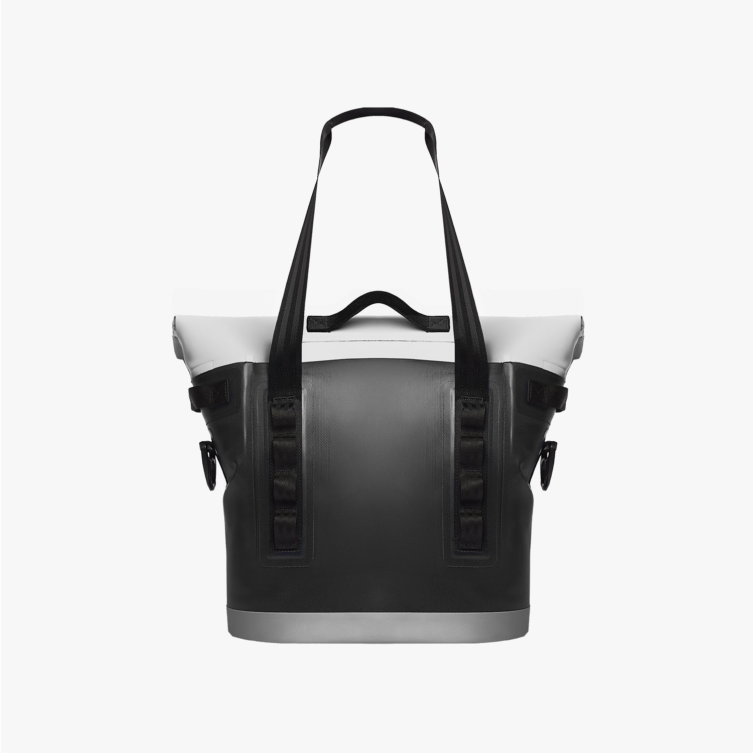 Back view of a black and white cooler bag on a light gray background