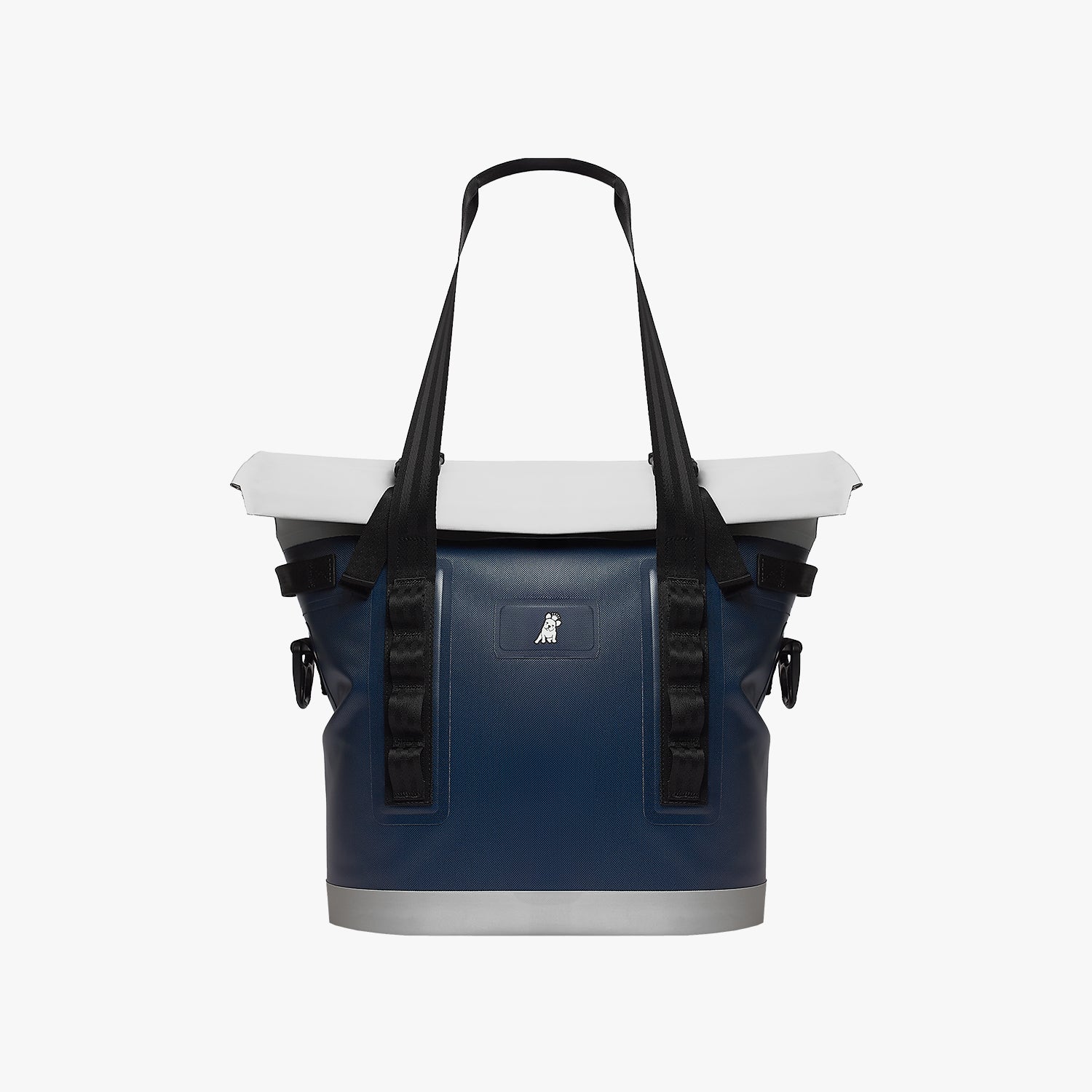 Blue cooler bag with black straps on a white background