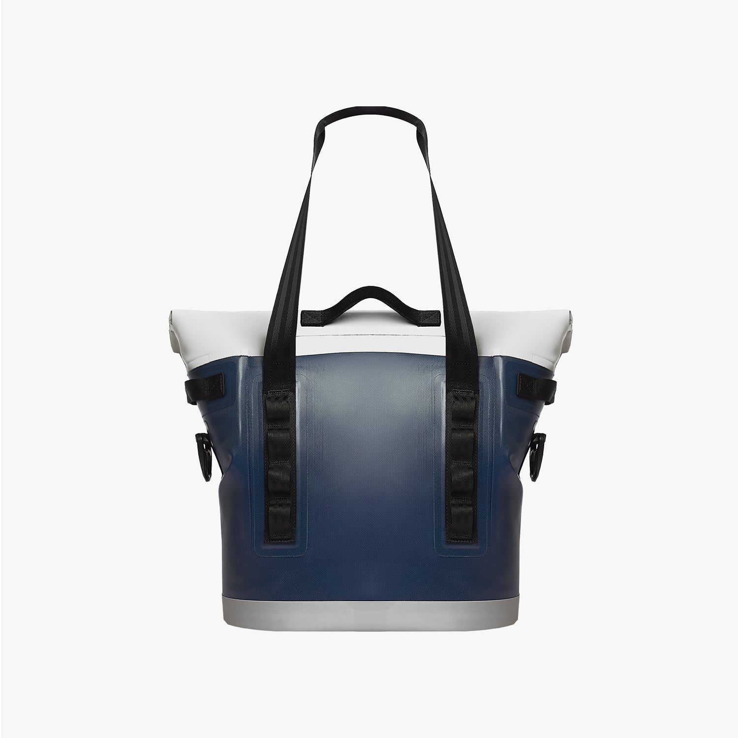 Back view of a blue and white cooler bag with black straps on a white background