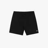 Flat-lay front view of black shorts featuring a drawstring waistband and a small embroidered dog logo near the hem