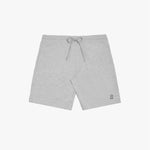 Flat-lay front view of the gray shorts featuring a drawstring waistband and small embroidered dog logo near the hem.