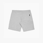 Flat-lay back view of gray shorts, featuring a single back pocket with a subtle brand tag and a clean, minimalistic design