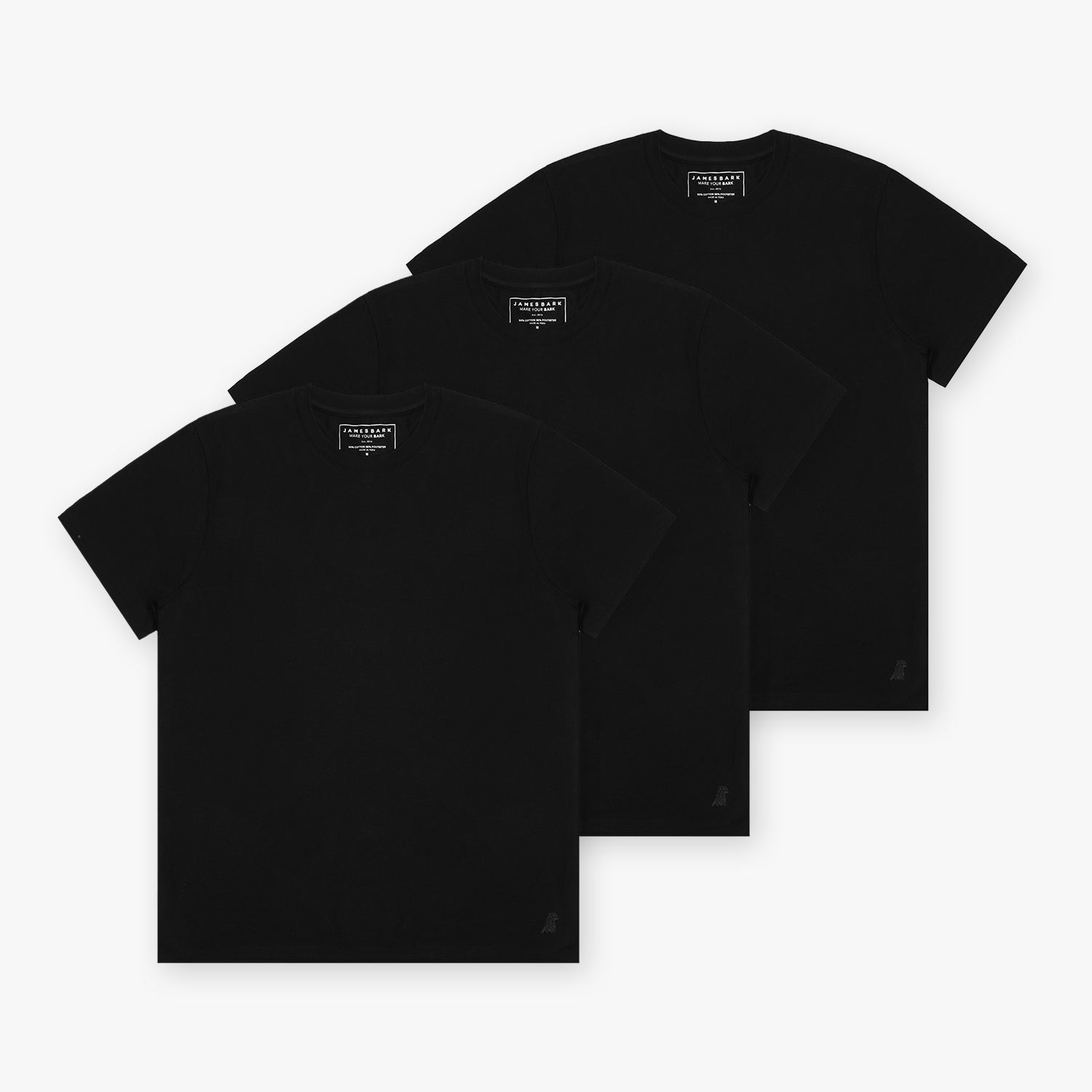 Three black t-shirts stacked together, presented on a plain background with a simple design and logo detail visible