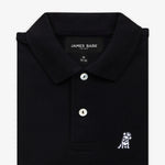 Close-up of the collar and chest area of the black polo shirt, showing the button placket and embroidered logo.