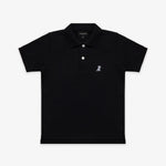 Flat lay of the black polo shirt, showing the front with the embroidered logo on the chest and buttoned collar.