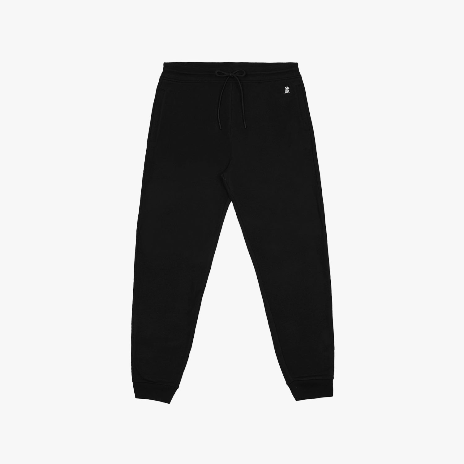 Flat-lay front view of black jogger pants with cuffed ankles and a drawstring waistband