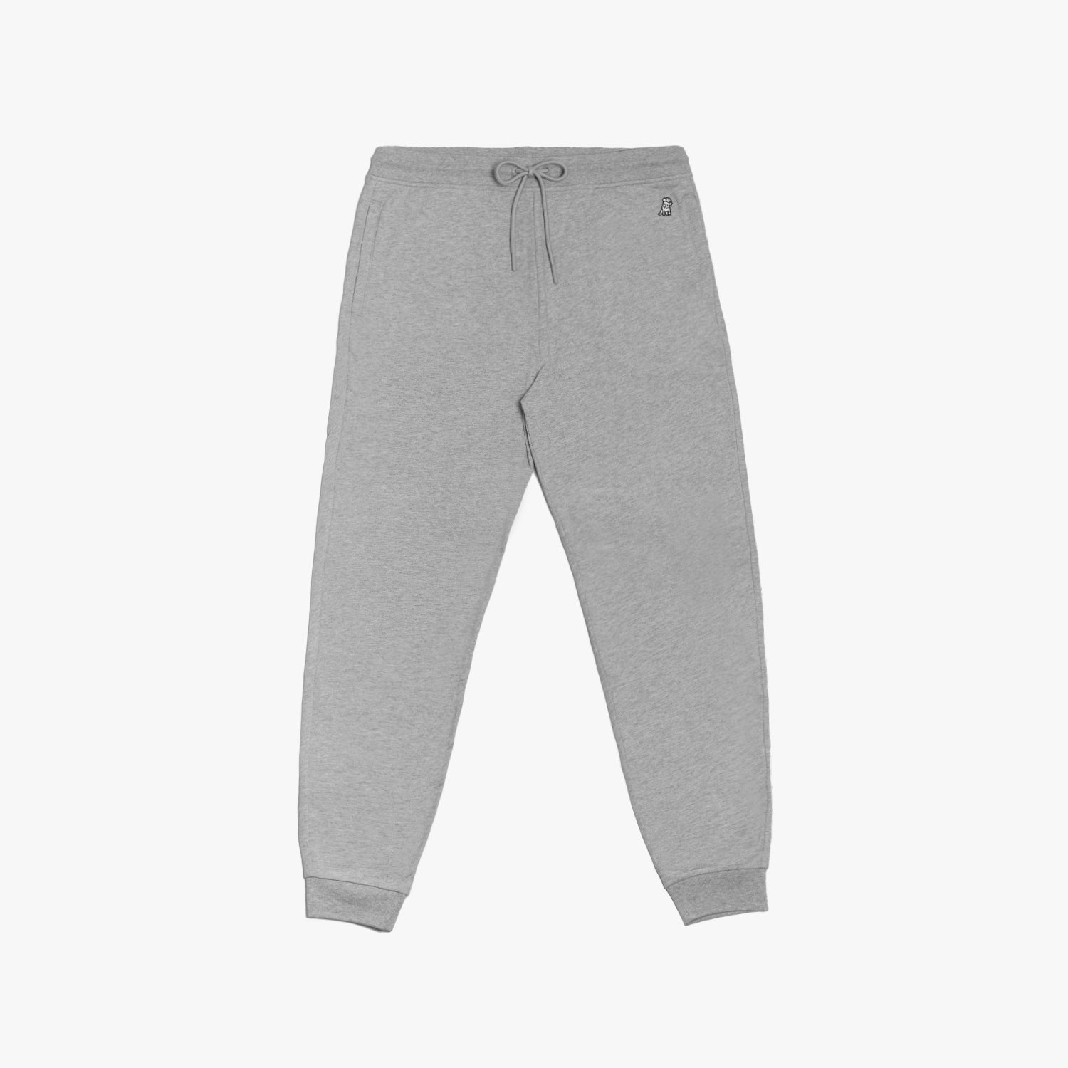 Light gray jogger-style sweatpants with a drawstring waist, cuffed ankles, and side pockets, featuring a small embroidered dog logo near the waistband. The sweatpants are displayed flat against a plain white background." Let me know if you'd like any changes